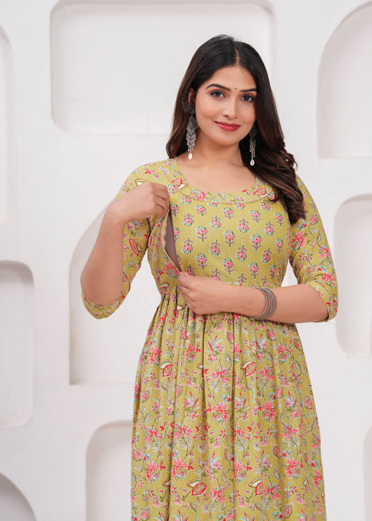 Hima Premium Cotton Anarkali Feeding & Maternity Kurti – 48 Inch Length, 2 Side Zips