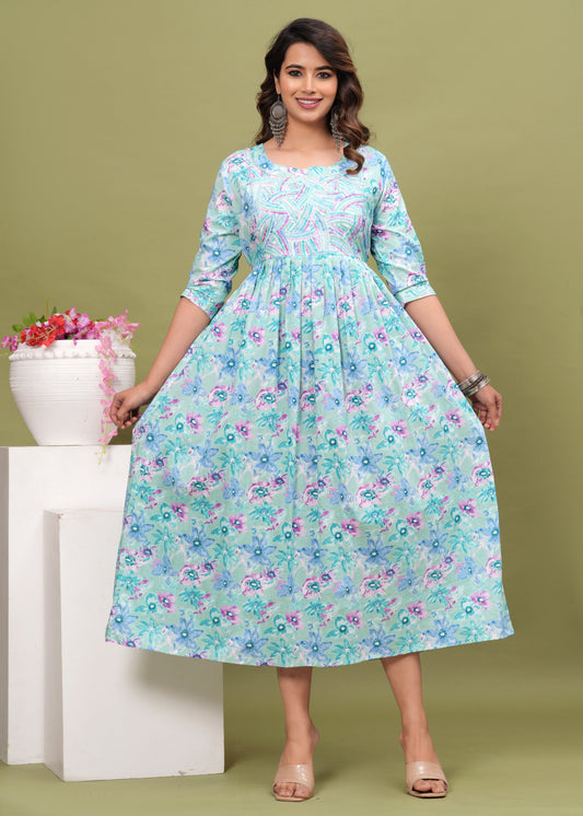 Nature's Embrace: Hima Leaf Print Cotton Maternity Feeding Kurti (Light Blue) (LUX001)