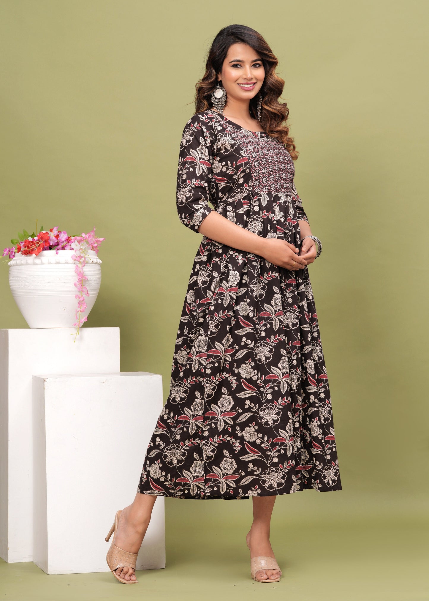 Hima Premium Cotton Anarkali Feeding & Maternity Kurti – 48 Inch Length, 2 Side Zips All-Day Comfort for Moms (Black)