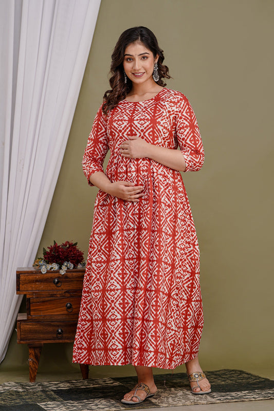 Hima Premium Cotton Anarkali Feeding & Maternity Kurti – 48 Inch Length, 2 Side Zips All-Day Comfort for Moms (Orange)