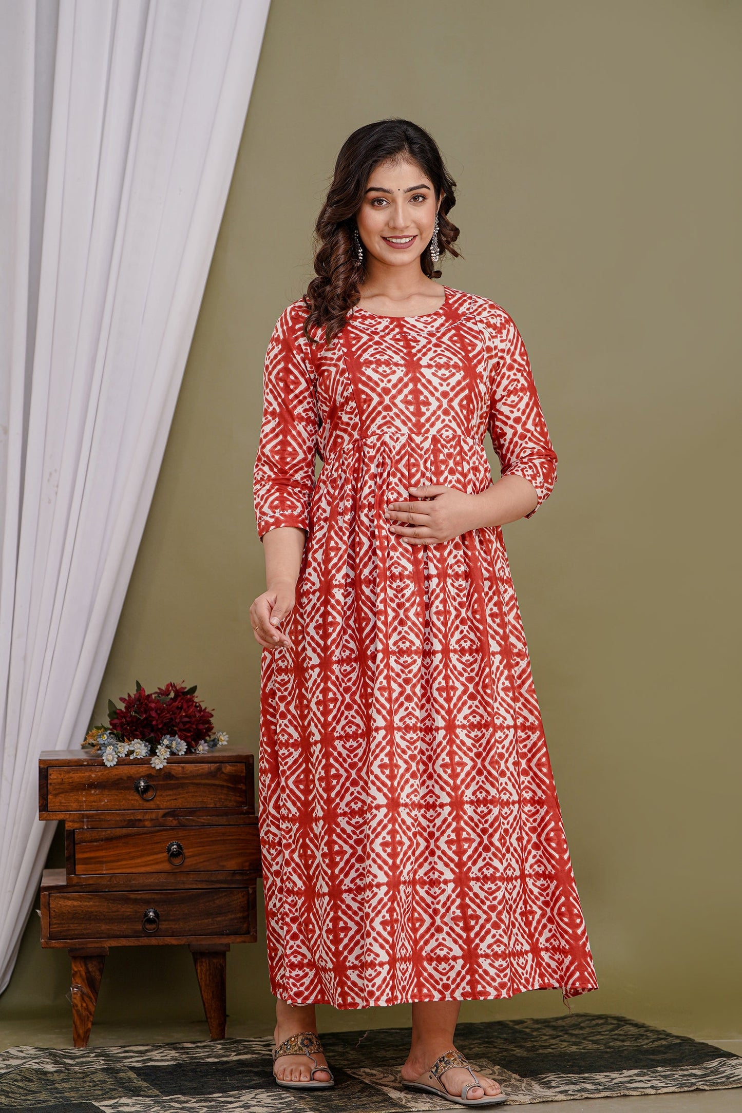 Hima Premium Cotton Anarkali Feeding & Maternity Kurti – 48 Inch Length, 2 Side Zips All-Day Comfort for Moms (Orange)