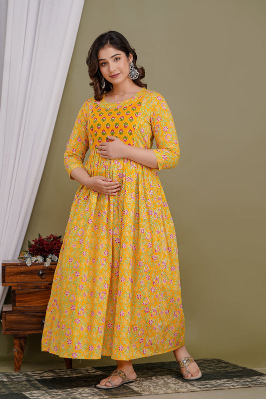 Hima Premium Cotton Anarkali Feeding & Maternity Kurti – 48 Inch Length, 2 Side Zips All-Day Comfort for Moms (Yellow)