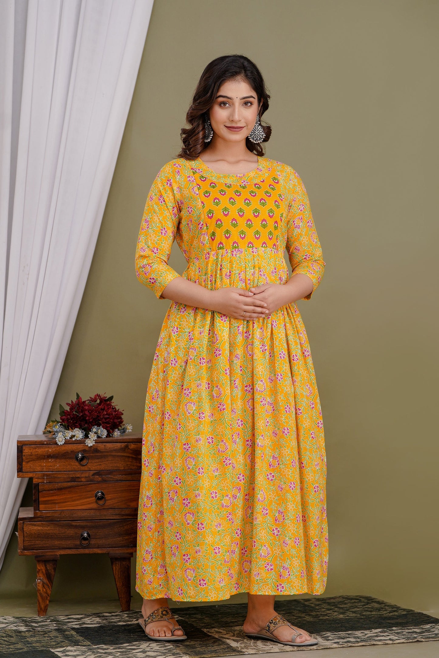 Hima Premium Cotton Anarkali Feeding & Maternity Kurti – 48 Inch Length, 2 Side Zips All-Day Comfort for Moms (Yellow)