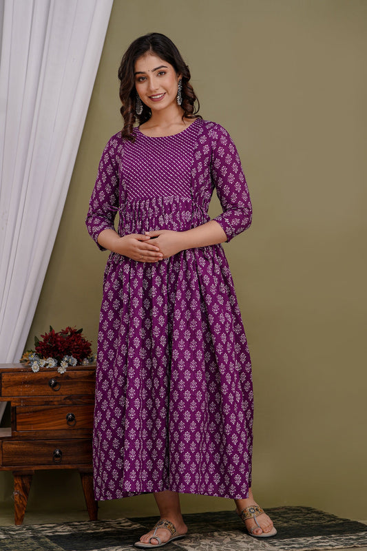 Hima Premium Cotton Anarkali Feeding & Maternity Kurti – 48 Inch Length, 2 Side Zips All-Day Comfort for Moms (Purple)
