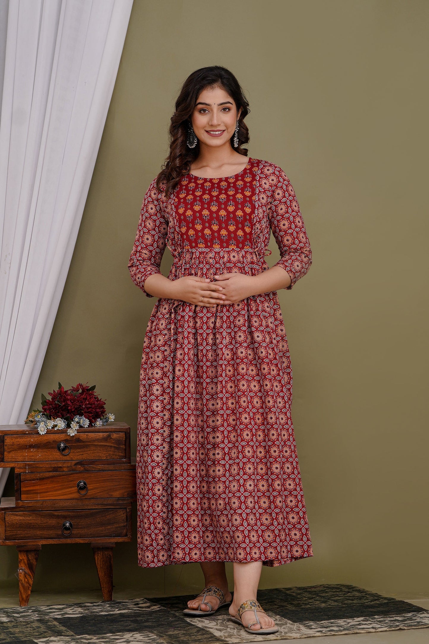 Versatile Comfort: Hima Women's Maternity Cum Feeding Gown Kurtis (Red)(TUL001)
