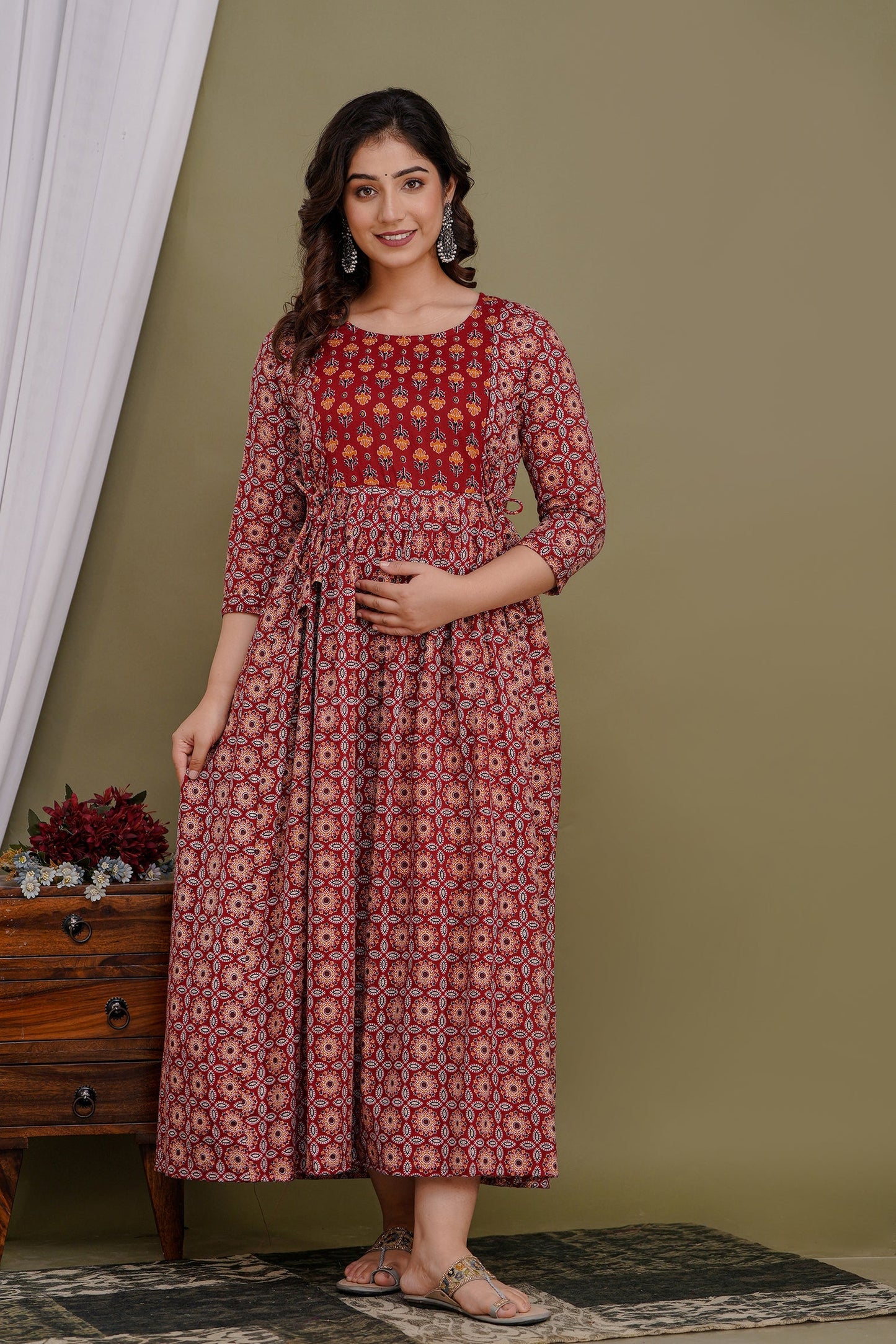 Versatile Comfort: Hima Women's Maternity Cum Feeding Gown Kurtis (Red)(TUL001)