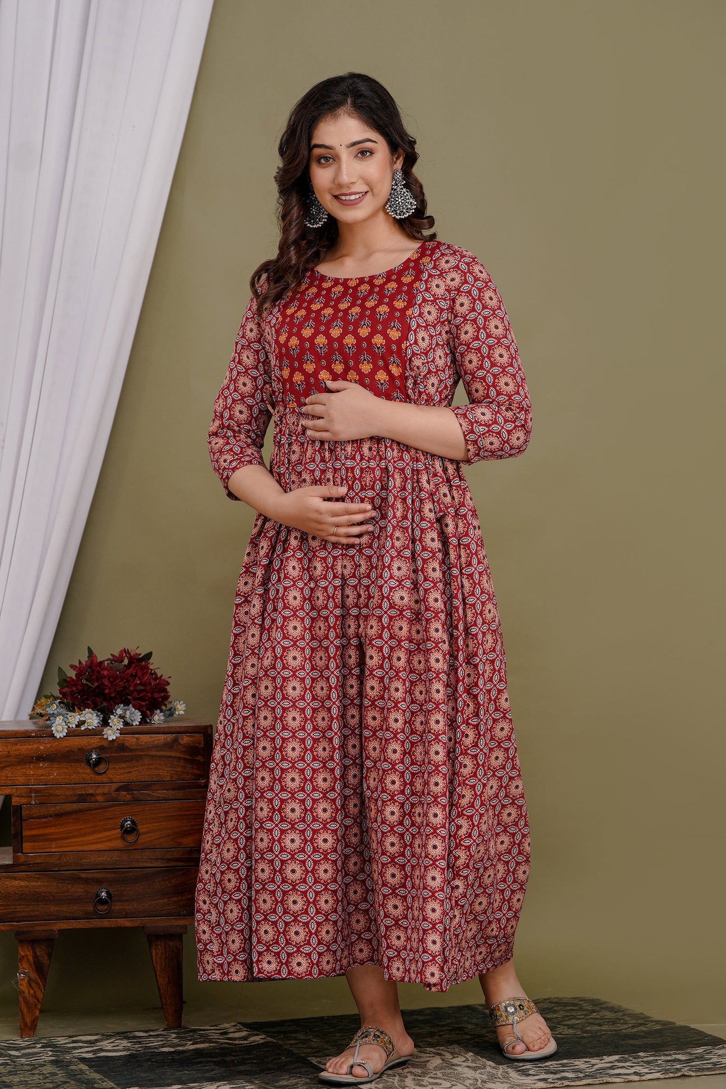 Versatile Comfort: Hima Women's Maternity Cum Feeding Gown Kurtis (Red)(TUL001)