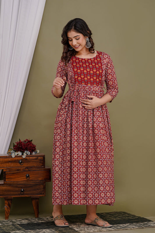 Versatile Comfort: Hima Women's Maternity Cum Feeding Gown Kurtis (Red)(TUL001)