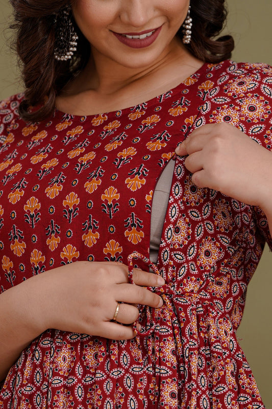 Versatile Comfort: Hima Women's Maternity Cum Feeding Gown Kurtis (Red)(TUL001)