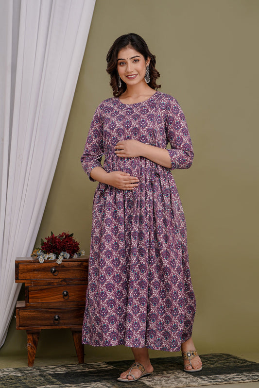 Hima Premium Cotton Anarkali Feeding & Maternity Kurti – 48 Inch Length, 2 Side Zips All-Day Comfort for Moms (Purple)
