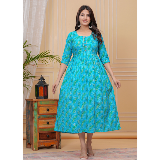 Hima Premium Cotton Anarkali Feeding & Maternity Kurti – 48 Inch Length, 2 Side Zips All-Day Comfort for Moms Blue