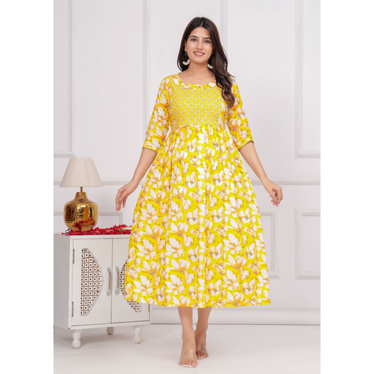 Hima Anarkali Feeding & Maternity Kurti – Effortless Style & All-Day Comfort for Moms (Yellow)