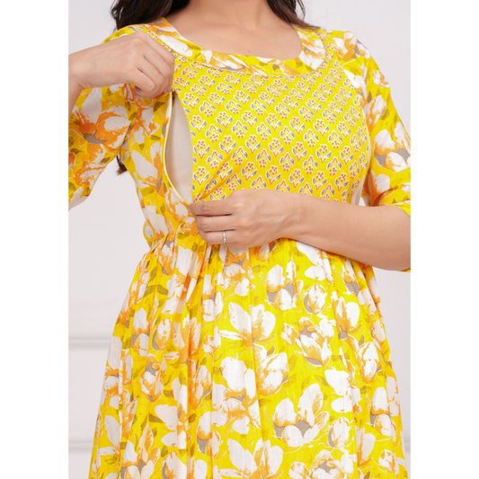 Hima Anarkali Feeding & Maternity Kurti – Effortless Style & All-Day Comfort for Moms (Yellow)