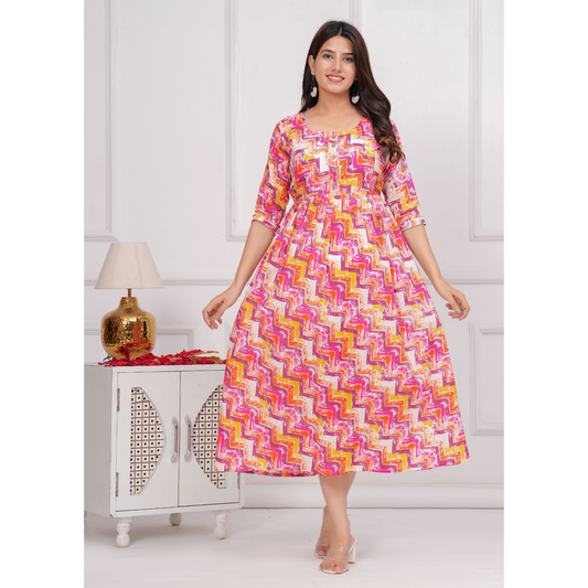 Hima Premium Cotton Anarkali Feeding & Maternity Kurti – 48 Inch Length, 2 Side Zips All-Day Comfort for Moms Pink