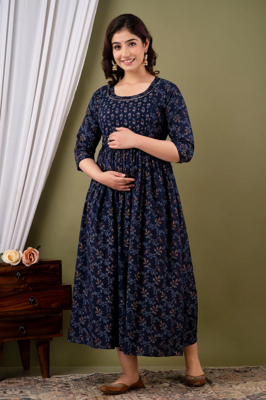 Hima Premium Cotton Anarkali Feeding & Maternity Kurti – 48 Inch Length, 2 Side Zips All-Day Comfort for Moms (Blue)