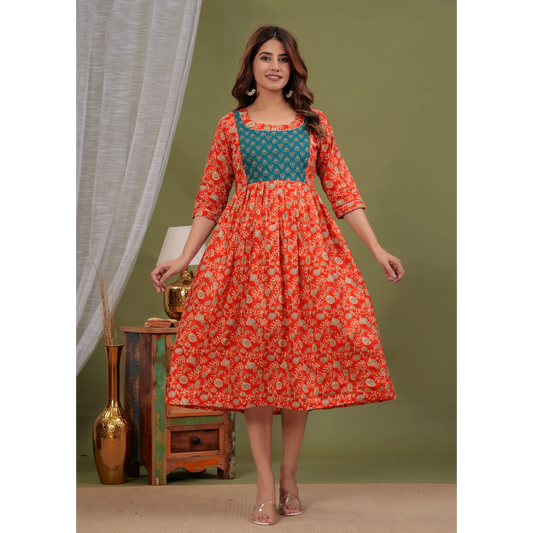 Hima Premium Cotton Anarkali Feeding & Maternity Kurti – 48 Inch Length, 2 Side Zips All-Day Comfort for Moms (Red)
