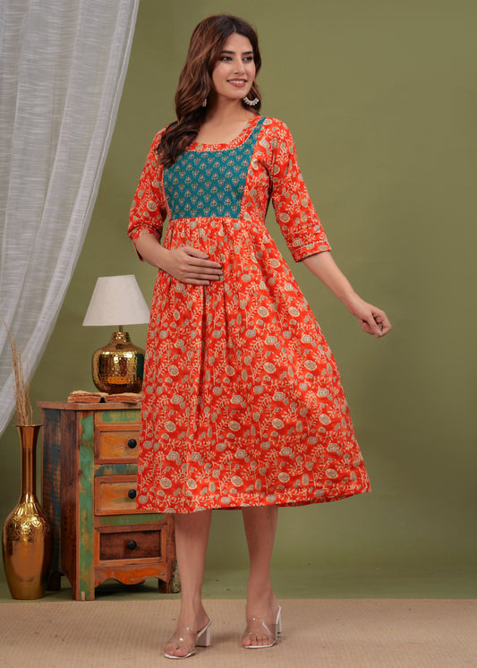 Hima Premium Cotton Anarkali Feeding & Maternity Kurti – 48 Inch Length, 2 Side Zips All-Day Comfort for Moms (Orange)