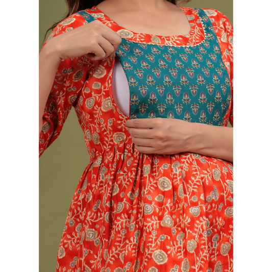 Hima Premium Cotton Anarkali Feeding & Maternity Kurti – 48 Inch Length, 2 Side Zips All-Day Comfort for Moms (Red)