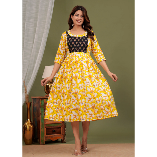 Hima Premium Cotton Anarkali Feeding & Maternity Kurti – 48 Inch Length, 2 Side Zips All-Day Comfort for Moms (Yellow)