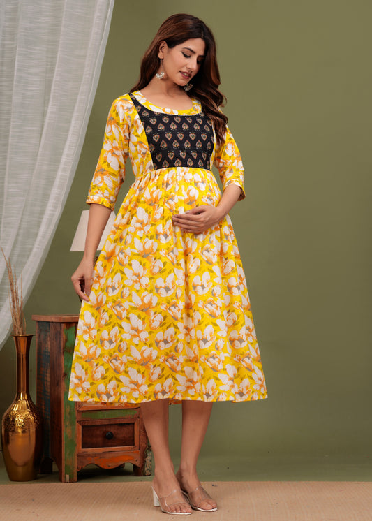 Hima Premium Cotton Anarkali Feeding & Maternity Kurti – 48 Inch Length, 2 Side Zips All-Day Comfort for Moms (Yellow)