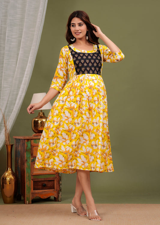 Hima Premium Cotton Anarkali Feeding & Maternity Kurti – 48 Inch Length, 2 Side Zips All-Day Comfort for Moms (Yellow)