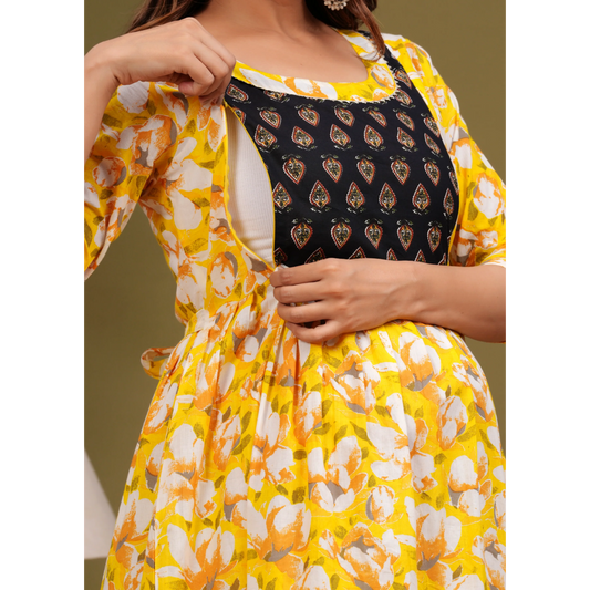 Hima Premium Cotton Anarkali Feeding & Maternity Kurti – 48 Inch Length, 2 Side Zips All-Day Comfort for Moms (Yellow)