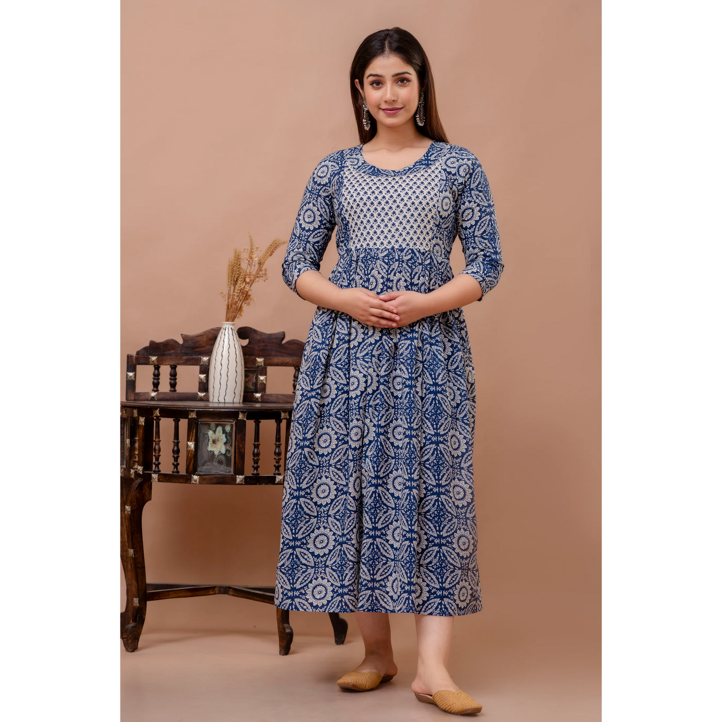 Hima Premium Cotton Anarkali Feeding & Maternity Kurti – 48 Inch Length, 2 Side Zips All-Day Comfort for Moms (Blue)