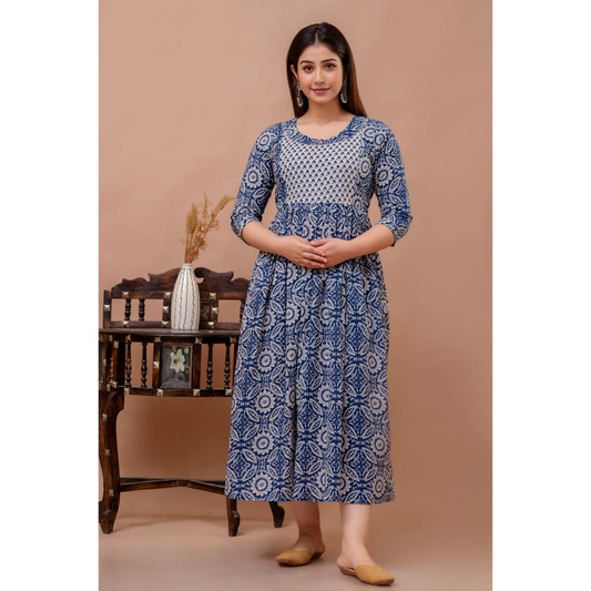 Hima Premium Cotton Anarkali Feeding & Maternity Kurti – 48 Inch Length, 2 Side Zips All-Day Comfort for Moms (Blue)