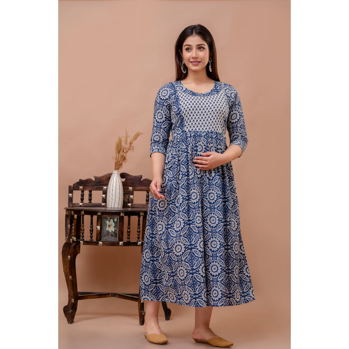 Hima Premium Cotton Anarkali Feeding & Maternity Kurti – 48 Inch Length, 2 Side Zips All-Day Comfort for Moms (Blue)