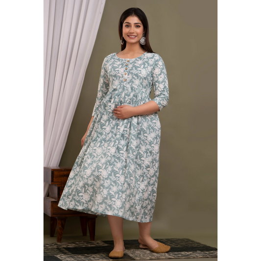 Hima Premium Cotton Anarkali Feeding & Maternity Kurti – 48 Inch Length, 2 Side Zips All-Day Comfort for Moms(Grey)