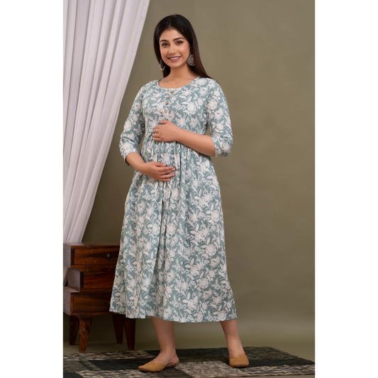 Hima Premium Cotton Anarkali Feeding & Maternity Kurti – 48 Inch Length, 2 Side Zips All-Day Comfort for Moms (Grey)
