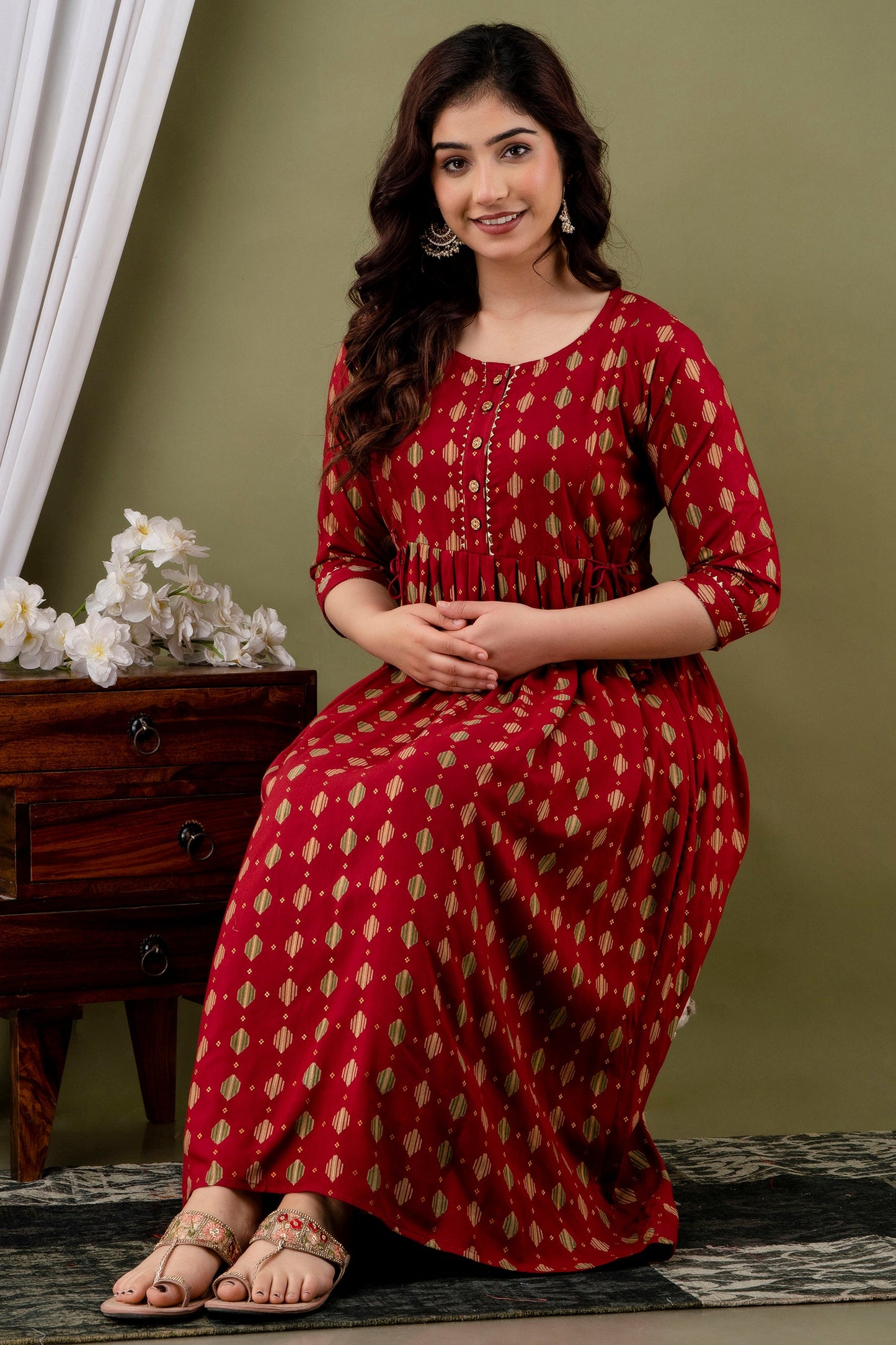 Hima Premium Cotton Anarkali Feeding & Maternity Kurti – 48 Inch Length, 2 Side Zips All-Day Comfort for Moms (Red Rayon)