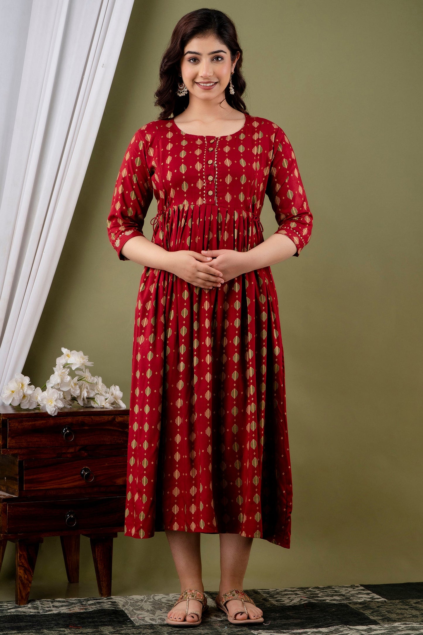 Hima Premium Cotton Anarkali Feeding & Maternity Kurti – 48 Inch Length, 2 Side Zips All-Day Comfort for Moms (Red Rayon)