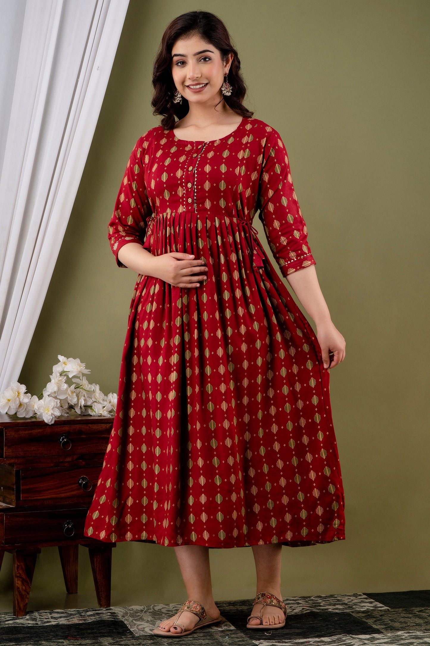 Hima Premium Cotton Anarkali Feeding & Maternity Kurti – 48 Inch Length, 2 Side Zips All-Day Comfort for Moms (Red Rayon)