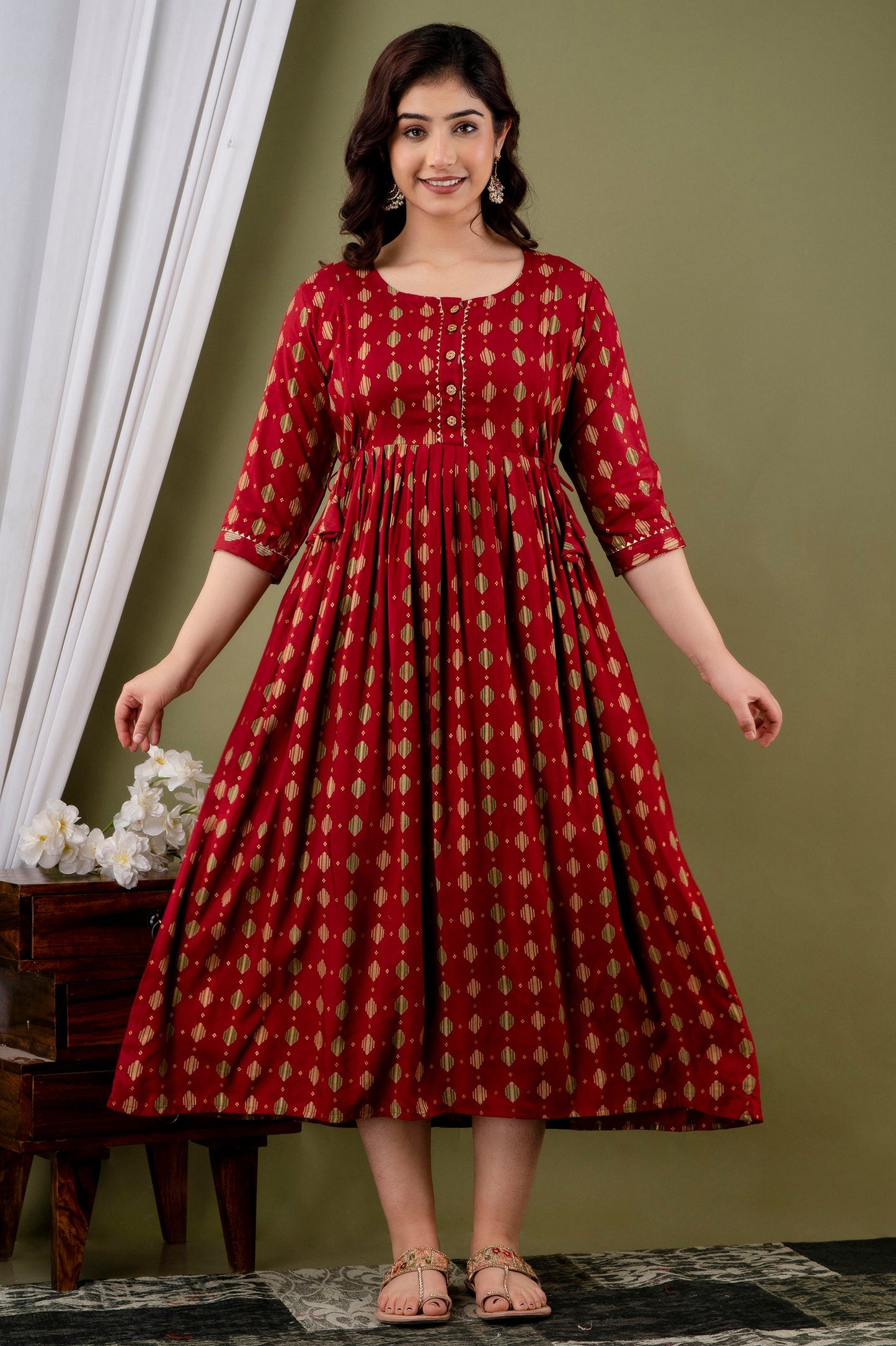 Hima Premium Cotton Anarkali Feeding & Maternity Kurti – 48 Inch Length, 2 Side Zips All-Day Comfort for Moms (Red Rayon)