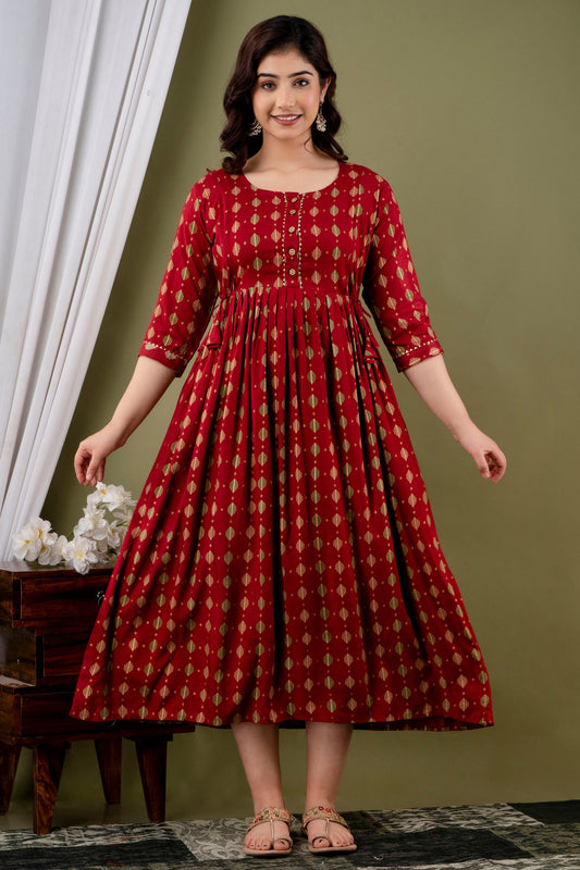 Hima Premium Cotton Anarkali Feeding & Maternity Kurti – 48 Inch Length, 2 Side Zips All-Day Comfort for Moms (Red Rayon)