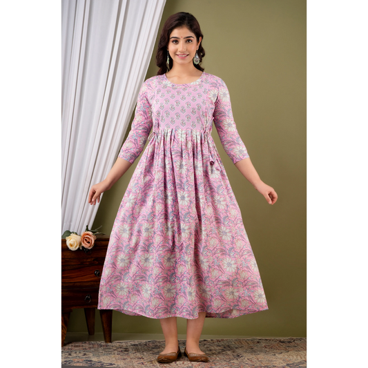 Hima Premium Cotton Anarkali Feeding & Maternity Kurti – 48 Inch Length, 2 Side Zips All-Day Comfort for Moms (Pink)