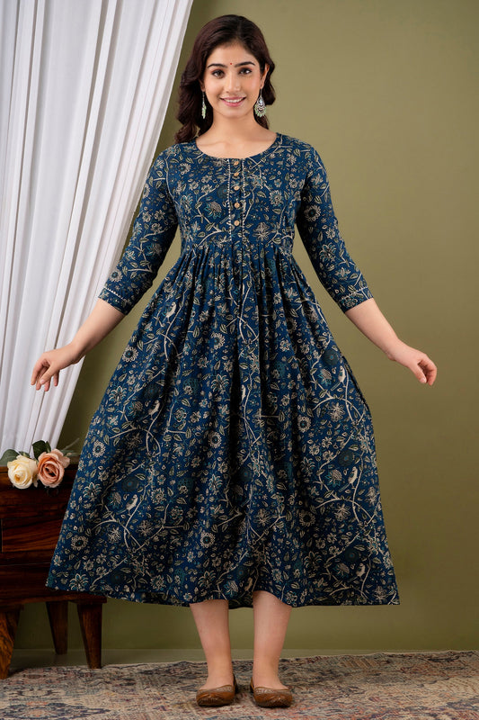 Hima Premium Cotton Anarkali Feeding & Maternity Kurti – 48 Inch Length, 2 Side Zips All-Day Comfort for Moms (Blue)