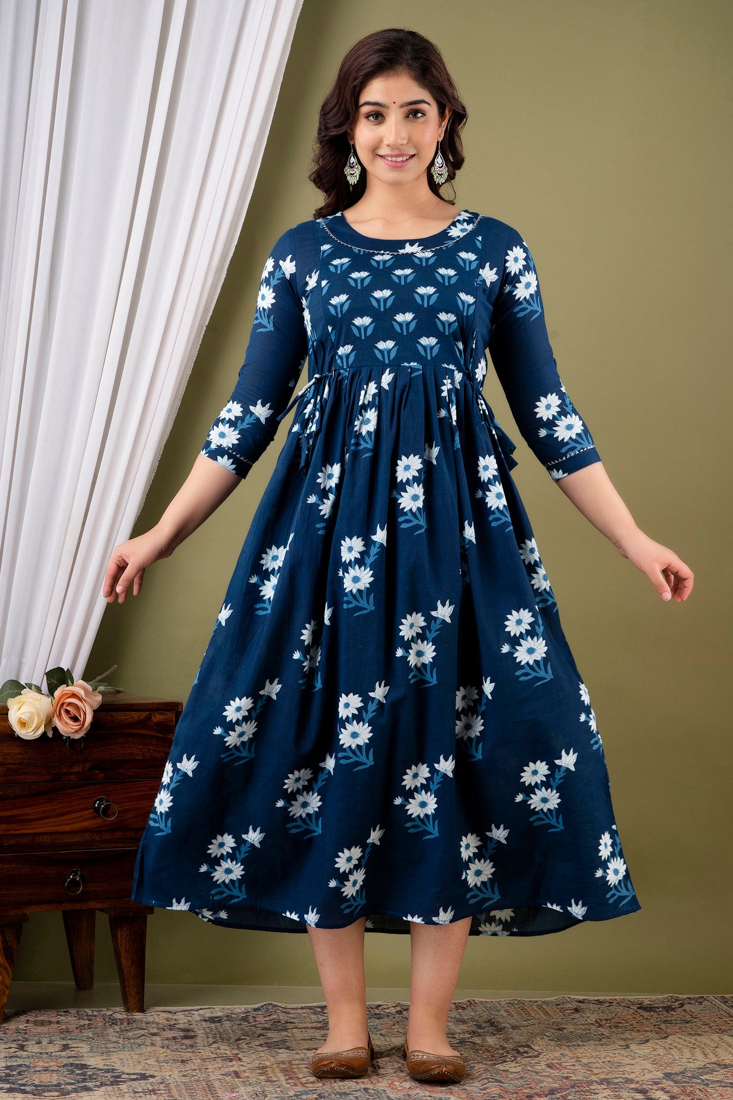 Hima Premium Cotton Anarkali Feeding & Maternity Kurti – 48 Inch Length, 2 Side Zips All-Day Comfort for Moms (Blue)