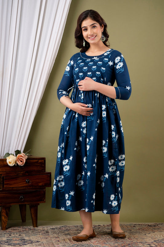 Hima Premium Cotton Anarkali Feeding & Maternity Kurti – 48 Inch Length, 2 Side Zips All-Day Comfort for Moms (Blue)