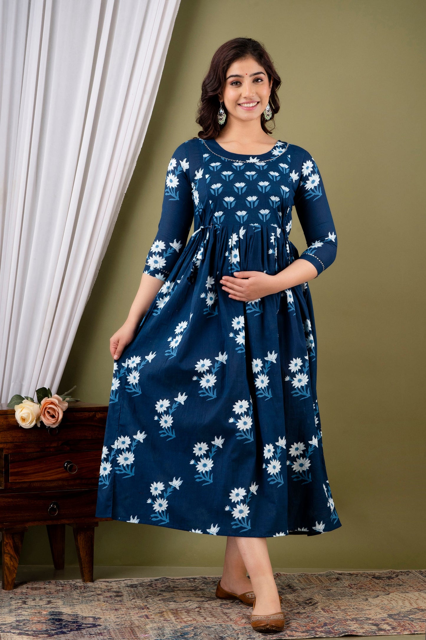 Hima Premium Cotton Anarkali Feeding & Maternity Kurti – 48 Inch Length, 2 Side Zips All-Day Comfort for Moms (Blue)