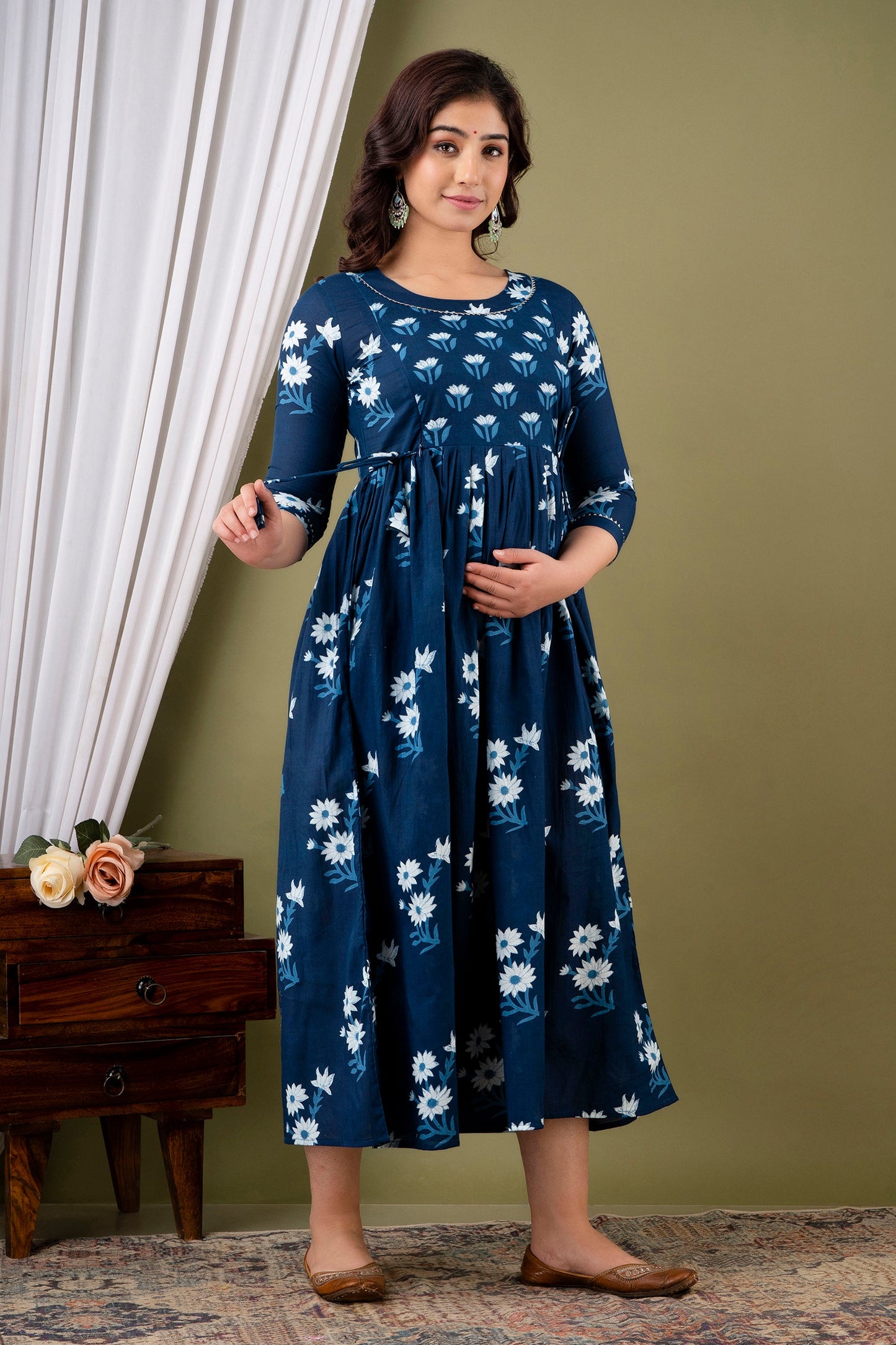 Hima Premium Cotton Anarkali Feeding & Maternity Kurti – 48 Inch Length, 2 Side Zips All-Day Comfort for Moms (Blue)