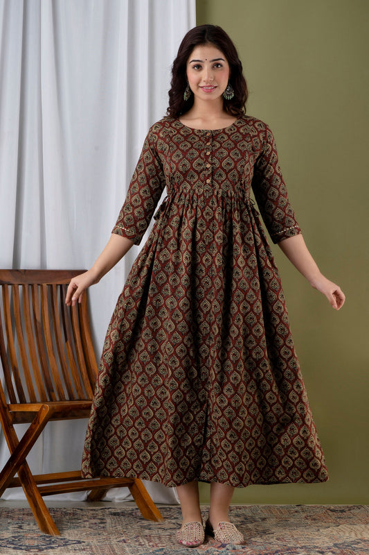 Hima Premium Cotton Anarkali Feeding & Maternity Kurti – 48 Inch Length, 2 Side Zips All-Day Comfort for Moms (Brown)