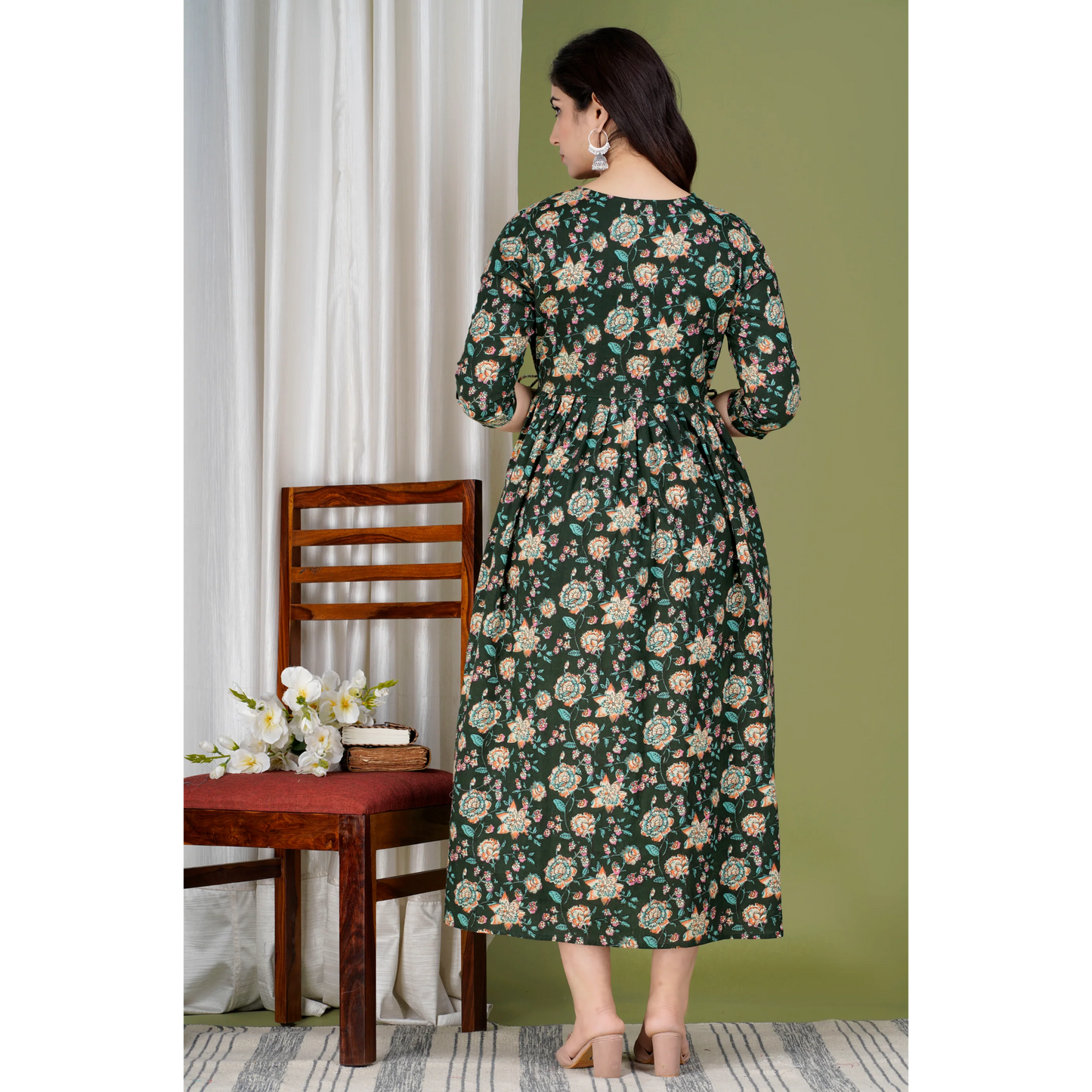 Hima Premium Cotton Anarkali Feeding & Maternity Kurti – 48 Inch Length, 2 Side Zips All-Day Comfort for Moms (green Black)