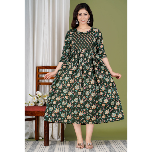Hima Premium Cotton Anarkali Feeding & Maternity Kurti – 48 Inch Length, 2 Side Zips All-Day Comfort for Moms (green Black)