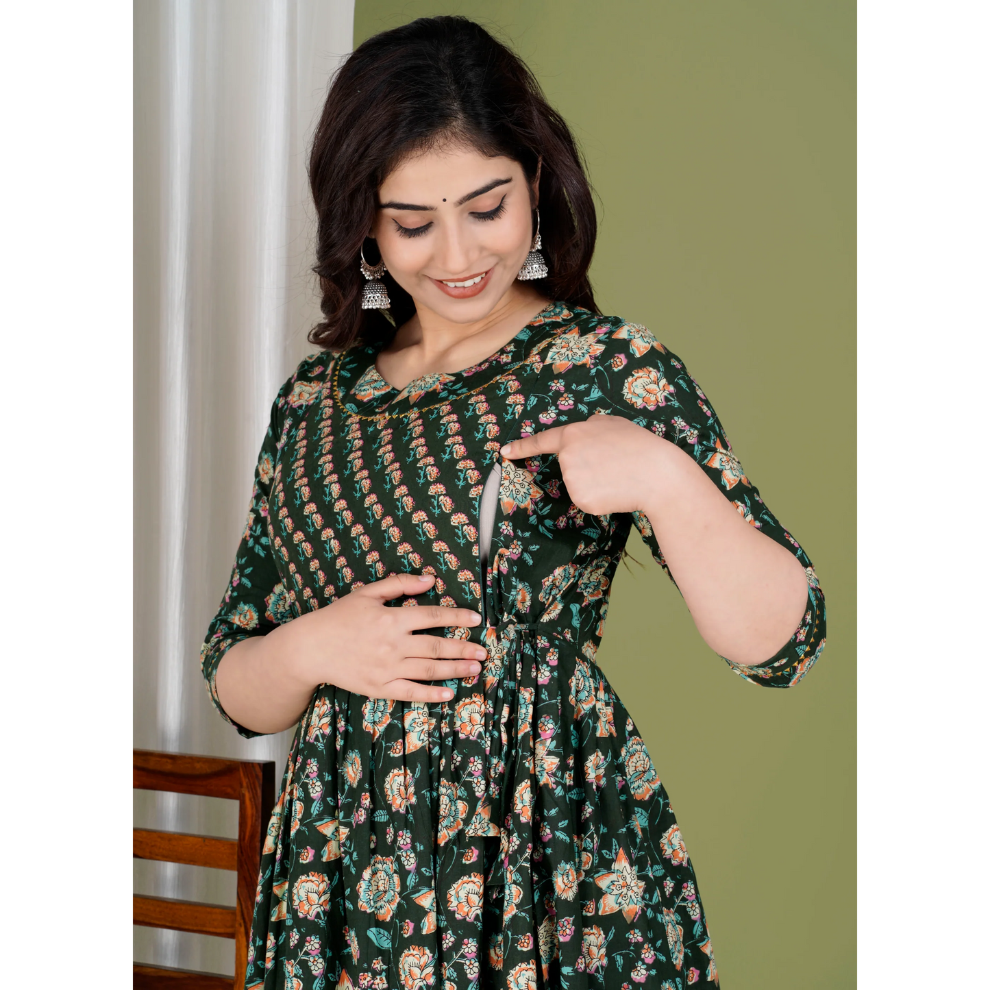 Hima Premium Cotton Anarkali Feeding & Maternity Kurti – 48 Inch Length, 2 Side Zips All-Day Comfort for Moms (green Black)