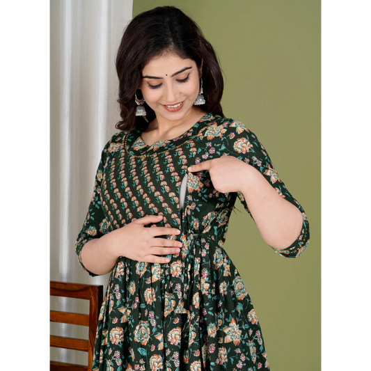 Hima Premium Cotton Anarkali Feeding & Maternity Kurti – 48 Inch Length, 2 Side Zips All-Day Comfort for Moms (green Black)