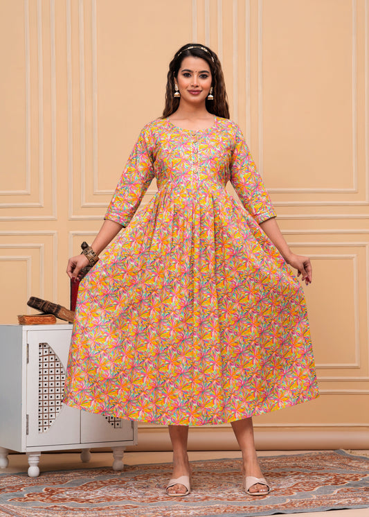Hima Premium Cotton Anarkali Feeding & Maternity Kurti – 48 Inch Length, 2 Side Zips All-Day Comfort for Moms (Orange)