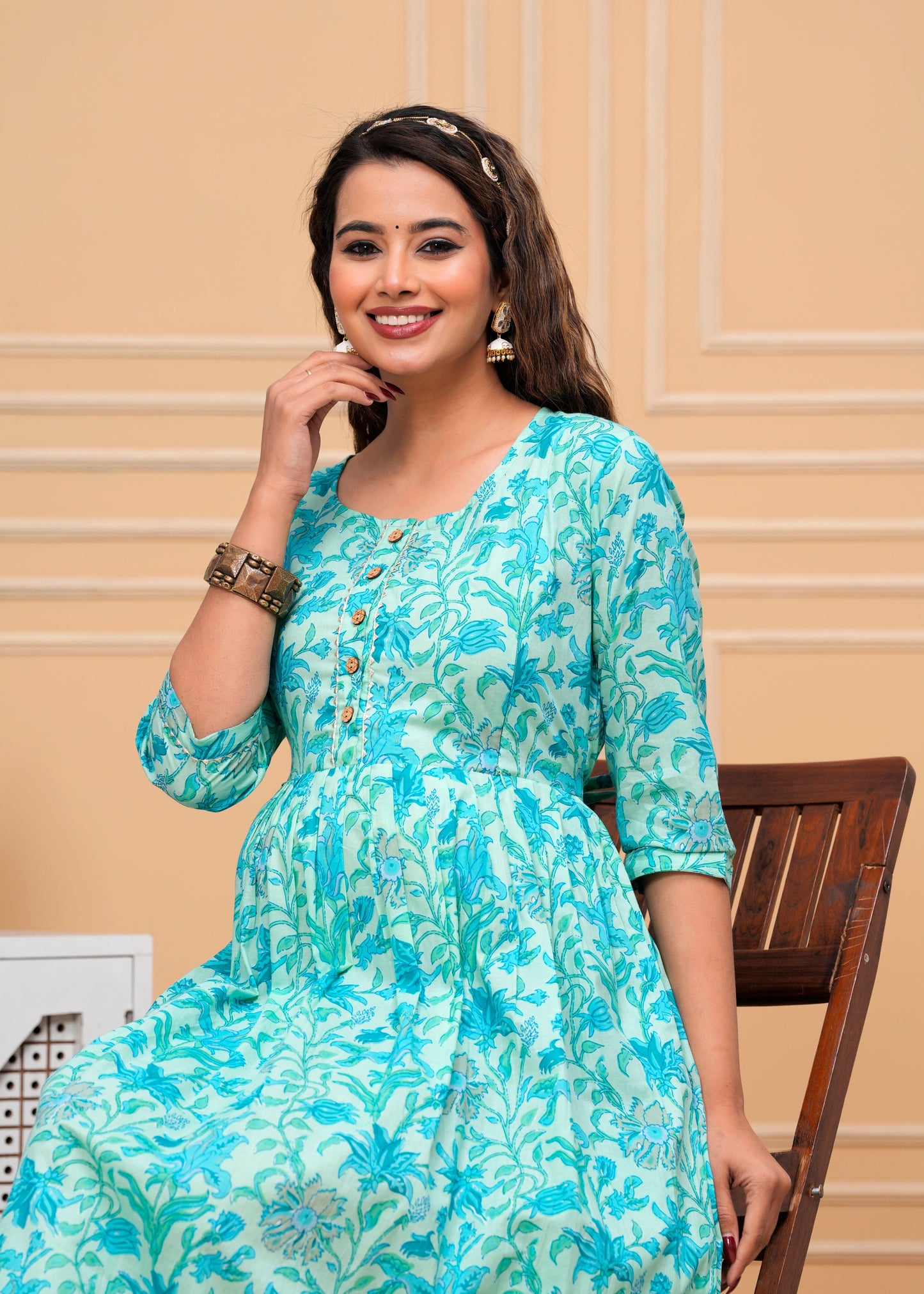 Hima Premium Cotton Anarkali Feeding & Maternity Kurti – 48 Inch Length, 2 Side Zips All-Day Comfort for Moms (Green)