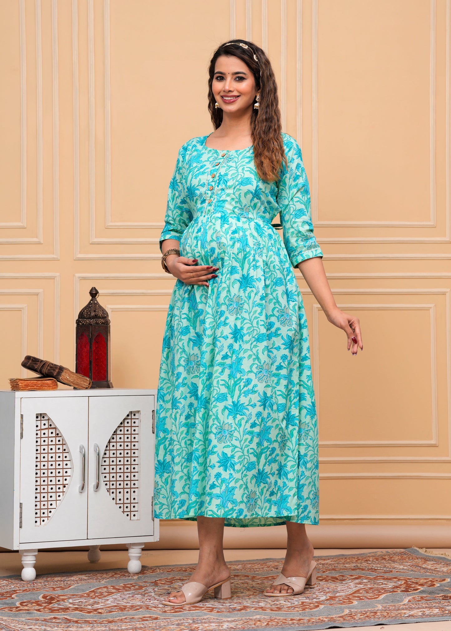 Hima Premium Cotton Anarkali Feeding & Maternity Kurti – 48 Inch Length, 2 Side Zips All-Day Comfort for Moms (Green)